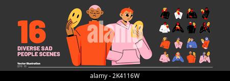Un ensemble de personnes tristes diverses couvre des visages avec des masques souriants exprimant des émotions positives et heureuses. Personnages masquant l'individualité, problème psychologique, hypocrisie, illustration vectorielle plate Line art Illustration de Vecteur