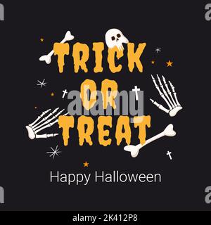 Lettering Happy Halloween et trick ou traiter les os astérisques et croix carte postale Illustration de Vecteur