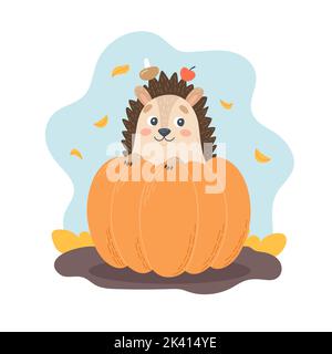 Hérisson en citrouille. Caractère d'automne ou d'halloween, activité en plein air. Jolie illustration vectorielle de saison dans un style de dessin animé plat Illustration de Vecteur