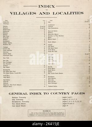 Index des villages et des localités; Index général des pages de comté; Avis cartographique. Atlas, cartes. 1915 - 1917. Lionel Pincus et Princess Firyal Map Division. Comté de Suffolk (New York) Banque D'Images