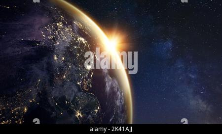 La Chine de nuit vue de l'espace avec des lumières montrant l'activité dans les villes chinoises. 3D rendu de la planète Terre. Des éléments de la NASA. Technologie, com. Global Banque D'Images