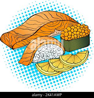 Autocollant « Pop Art » pour les sushis et les filets de saumon Illustration de Vecteur