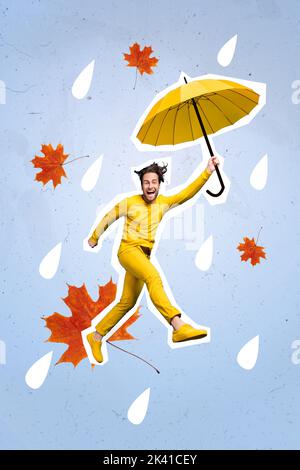 Image de collage créatif vertical de positif funky jeune homme tenir parapluie Hang profiter du temps pluvieux marchant tomber feuilles d'automne ont plaisir Banque D'Images