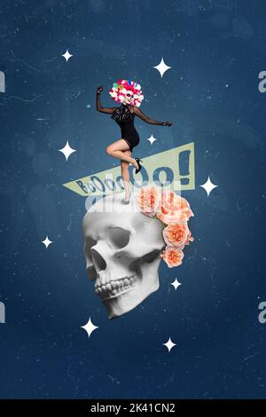 Tendance créative collage de danse ont amusant caractère mexicain calavera catrina miniature squelette tête de crâne halloween fête affiche promo Banque D'Images