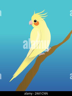 Un cocatier perché sur une branche. C'est un oiseau jaune. L'arrière-plan est bleu. Illustration de Vecteur