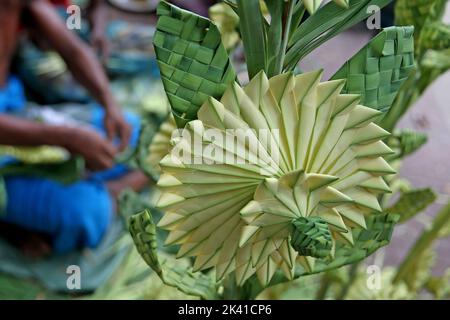 Artisanat sous forme de fleurs, d'arbres et d'autres formes faites de feuilles de palmier. Swapan, et ses assistants, Milan et Ripon, ont utilisé ce talent Banque D'Images