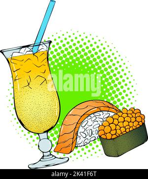 Autocollant cocktail et sushi Pop Art Illustration de Vecteur