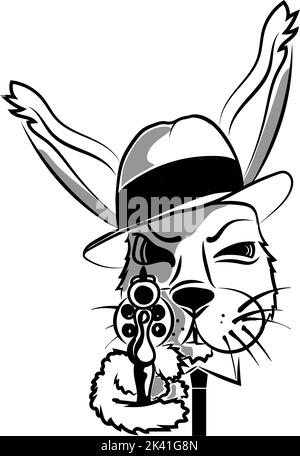 Un mauvais lapin, dessiné à la main dans le style de la caniche. Gangster lièvre. La tête du lièvre avec un chapeau. Mafia. Pistolet. Museau de canon. Stylisation de l'animal à l'émotion humaine. SY Illustration de Vecteur