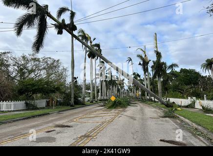 Fort Myers, États-Unis. 29th septembre 2022. Des arbres en panne pendent sur des lignes électriques après que l'ouragan Ian a traversé fort Myers, Floride, dans cette photo prise jeudi, 29 septembre 2022. Plus de 2 millions de personnes dans tout l'État de Floride étaient sans pouvoir jeudi tôt que la tempête a réclamé sa première mort. Photo par le service de police de fort Myers/UPI crédit: UPI/Alay Live News Banque D'Images