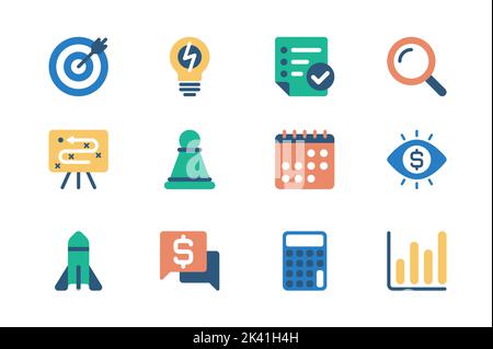 Le concept de planification d'affaires des icônes de Web dans la conception simple plate. Pack de cible, brainstorming, recherche, stratégie, calendrier, démarrage, argent Illustration de Vecteur