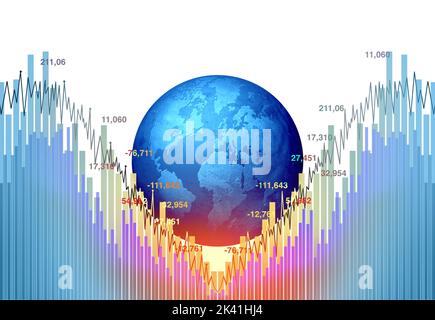 Récession mondiale économie et déclin de la crise mondiale des entreprises ou déclin international et chute économique ou chute avec une tendance à la baisse. Banque D'Images