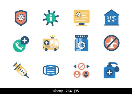 Concept de prévention des coronavirus des icônes de Web ensemble dans la conception simple plate. Pack de virus, quarantaine, rester à la maison, appel, ambulance, cure, masque médical Illustration de Vecteur