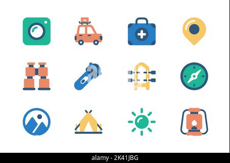 Concept de camping des icônes de web dans simple conception plate. Pack d'appareil photo, voiture, trousse de premiers soins, itinéraire, jumelles, lampe de poche, bateau, boussole Illustration de Vecteur