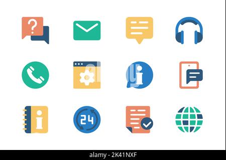 Concept de support client des icônes Web définies dans une conception simple et plate. Pack de chat, e-mail, casque, appel, contact, résolution, problème, technique, info, aide Illustration de Vecteur