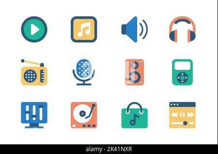 Concept de station de radio et de musique d'icônes Web dans un design simple et plat. Pack audio, lecture, note, volume, casque, microphone, haut-parleur, lecteur Illustration de Vecteur