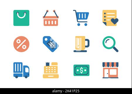 Concept de shopping des icônes de Web dans un design simple et plat. Pack de sac, panier, panier, liste, remise, vente, coupon, prix, tasse de café, livraison Illustration de Vecteur