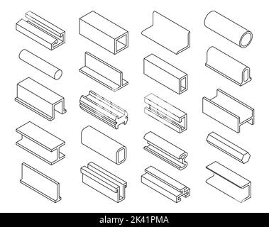 Produits en acier, silhouettes à profil en fer. Poutres métalliques, tuyaux, poutres, tôles et barres d'armature, symboles vectoriels. Construction de barres d'acier et de tubes métalliques, matériaux de poutres et de tuyaux de l'industrie métallurgique Illustration de Vecteur