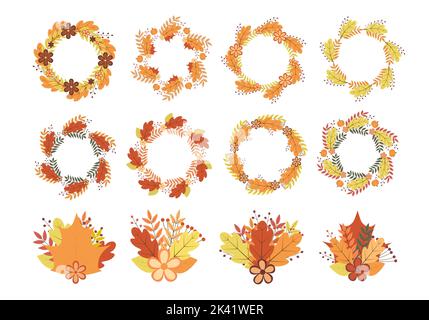 Ensemble de couronnes et de bouquets de fleurs et de feuilles d'automne colorées. Cadres ronds d'automne. Décorations du jour de Thanksgiving. Des éléments vectoriels pour votre professionnel de la conception Illustration de Vecteur