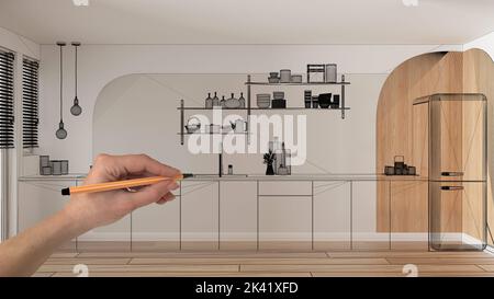 Intérieur blanc vide avec parquet, dessin à la main conception d'architecture personnalisée, esquisse à l'encre noire, plan montrant la cuisine moderne avec des armoires et Banque D'Images