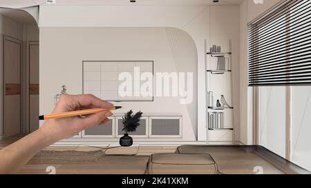Intérieur blanc vide avec parquet, dessin à la main conception d'architecture personnalisée, esquisse à l'encre noire, plan montrant le salon moderne avec soda et Banque D'Images