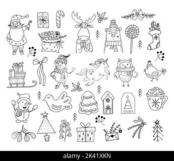 Collection Doodles personnages et décor de Noël. Père Noël mignon, bonhomme de neige, licorne, ours et hibou, élan et oiseau, arbre de noël et pain d'épice, sle Illustration de Vecteur