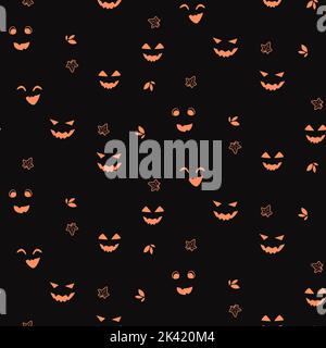 Halloween Pumpkins orange visage expressions de l'arrière-plan sombre sans couture motif Illustration de Vecteur