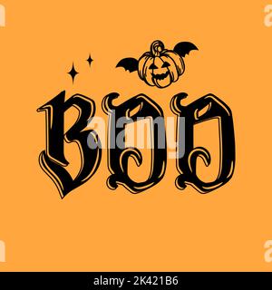 Boo lettres carte d'Halloween ou motif tshirt avec effarante décoration de chauve-souris volante de citrouille Illustration de Vecteur
