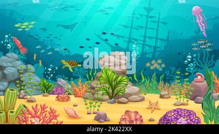 Dessin animé paysage sous-marin. Mer et océan sous l'eau niveau du jeu mondial fond vectoriel avec poissons et corail animaux marins de récif. Fond sous-marin avec algues, étoiles de mer, méduses et navire en contrebas Illustration de Vecteur