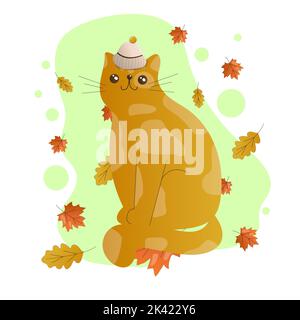 Chat et automne. Le chaton est assis sur les feuilles tombées. Feuilles d'automne. Illustration vectorielle. Banque D'Images