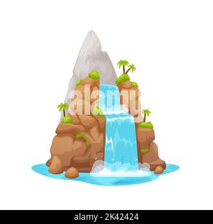 Cascade de la jungle, cascade d'eau de dessin animé de montagne. Cascade d'eau de montagne d'île tropicale tombant de l'environnement de falaise actif de jeu, forêt tropicale cascade vecteur arrière-plan avec sommet de volcan Illustration de Vecteur