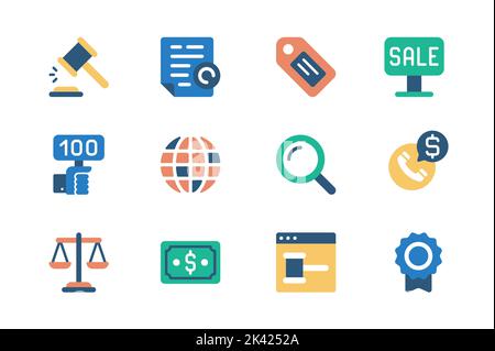 Vente aux enchères concept de Web icônes ensemble dans simple conception plate. Pack de gavage, document, étiquette, vente, enchères, recherche, appel, argent, argent, vente aux enchères en ligne Illustration de Vecteur