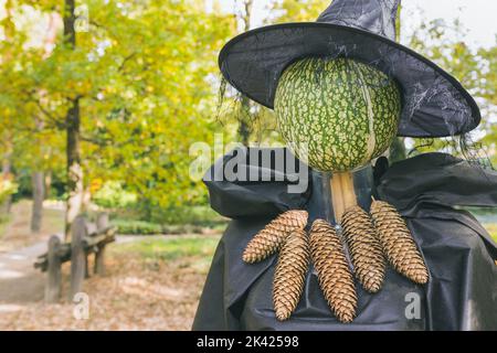 Halloween sorcière fracas avec tête de citrouille et chapeau automne décoration extérieure. Décor de cour et idées de fêtes. Mise au point sélective, espace de copie Banque D'Images