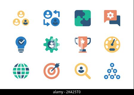 Concept de travail d'équipe d'icônes de Web dans la conception plate simple. Pack d'équipe, échange d'expérience, puzzle, brainstorming, paramètres, leadership, coupe gagnante Illustration de Vecteur