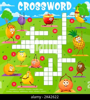 Personnages de dessin animé fruits sur la grille de jeu de puzzle de yoga sport de forme physique. Trouvez une feuille de travail de jeu de quiz de mot, un jeu intellectuel ou une page de vecteur d'activité de jeu d'enfant avec des fruits drôles faisant des exercices Illustration de Vecteur