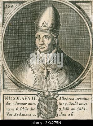 Portrait du Pape Nicolaus II, gravure du Summorum Romanorum Pontificum par Giovanni Giacomo de' Rossi, 1675 Banque D'Images