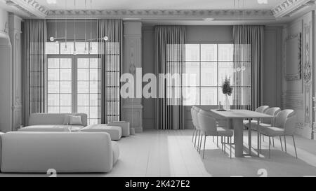 Projet blanc total, mobilier minimaliste dans un appartement classique, séjour et salle à manger avec table et fauteuils, canapé. Murs moulés en plâtre et Banque D'Images