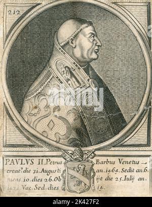 Portrait du Pape Paulus II, gravure du Summorum Romanorum Pontificum par Giovanni Giacomo de' Rossi, 1675 Banque D'Images