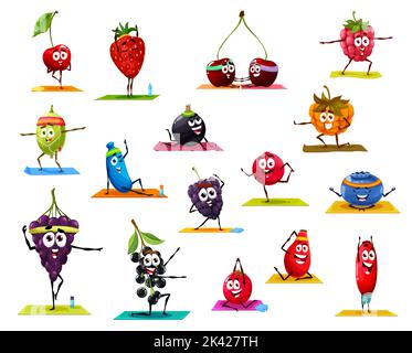 Personnages de dessin animé fruits de baies dans les poses de yoga. Cerisier, fraise et framboise, groseille, chèvrefeuille et raisin, rose et cassis de chien faisant du yoga, Pilates exercices de sport de fitness Illustration de Vecteur