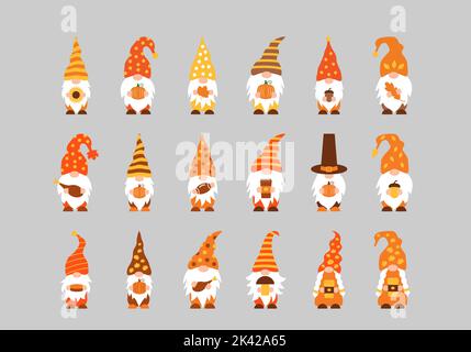 Ensemble de gnomes d'automne. Décorations d'automne. Ensemble de personnages de dessin animé mignons. Modèle vectoriel pour bannière, affiche, carte de vœux, chemise, etc Illustration de Vecteur