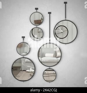 Miroirs ronds suspendus au mur reflétant la scène de design intérieur, salon scandinave blanc avec canapé et vélo suspendu au mur, béton Banque D'Images