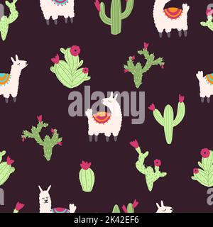 Motif vectoriel sans couture avec alpaga lama et cactus sur fond sombre. Illustration vectorielle avec des animaux mignons dans un style puéril plat de dessin animé pour bab Illustration de Vecteur
