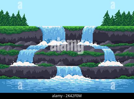 8 bit pixel jeu cascade paysage, fond vectoriel pour le niveau de jeu d'arcade vidéo. 8bit chutes d'eau de rivière de montagne ou de la mer grotte cascade, île de l'océan avec des arbres de forêt pour le paysage de pixel Illustration de Vecteur