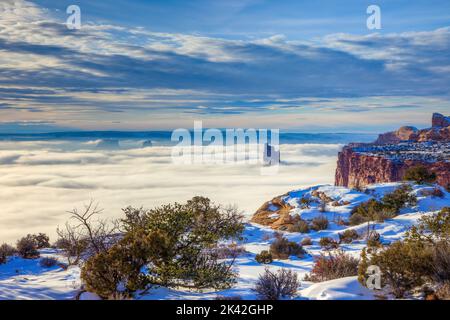 La Tour et les Buttes de la Croix de Candlestick s'élèvent au-dessus d'une mer de brouillard dans le bassin de Green River, dans le parc national de Canyonlands, Utah. Vue depuis Candlestic Banque D'Images