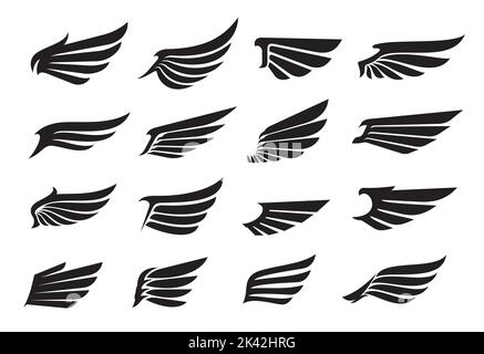 Icônes d'ailes d'aigle, tatouage d'ailes d'ange et silhouettes de plumes d'oiseau, symboles héraldiques vectoriels. Ailes emblème d'ange ou d'aigle, signes de liberté et de puissance, plumes d'oiseau de colombe pour l'aviation et l'héraldique royale Illustration de Vecteur