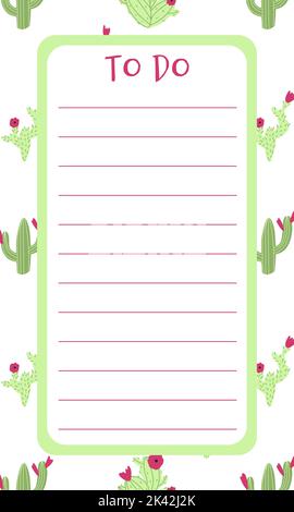 Agenda liste vierge avec cactus sur l'arrière-plan en dessin à la main dessin dessin dessin dessin dessin de style Doodle. Illustration vectorielle pour la planification quotidienne, l'horaire fixe. Illustration de Vecteur