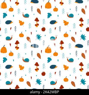Motif d'automne vectoriel sans couture avec potiron, rowan, épinette, corne, champignons, hérisson, feuilles, escargot, pomme, pluie, coeur, mouche agarique dans main dessiné ch Illustration de Vecteur
