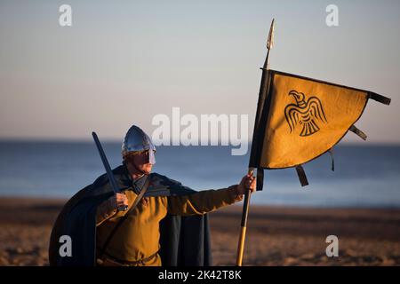 Guerrier viking debout sur une plage avec bannière montrant corbeau Banque D'Images