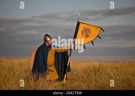 Guerrier viking debout sur une plage avec bannière montrant corbeau Banque D'Images