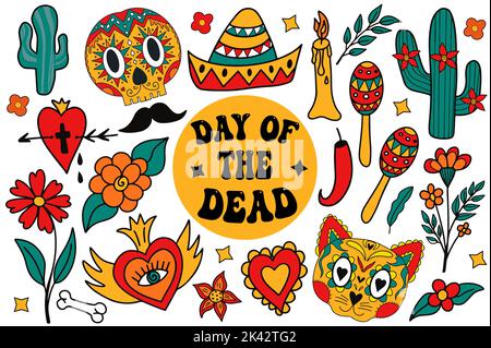 Jour de l'ensemble mort. Groovy Dia de los Muertos collection clip art main dessin style. Vacances mexicaines Halloween avec des crânes de sucre coeur sacré Illustration de Vecteur