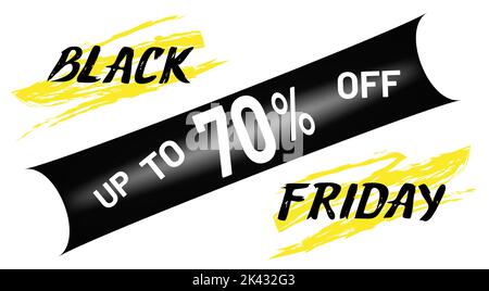 Lettrage « Black Friday phrase » avec traits de pinceau à gringe jaune, jusqu'à 70 % de réduction Illustration de Vecteur
